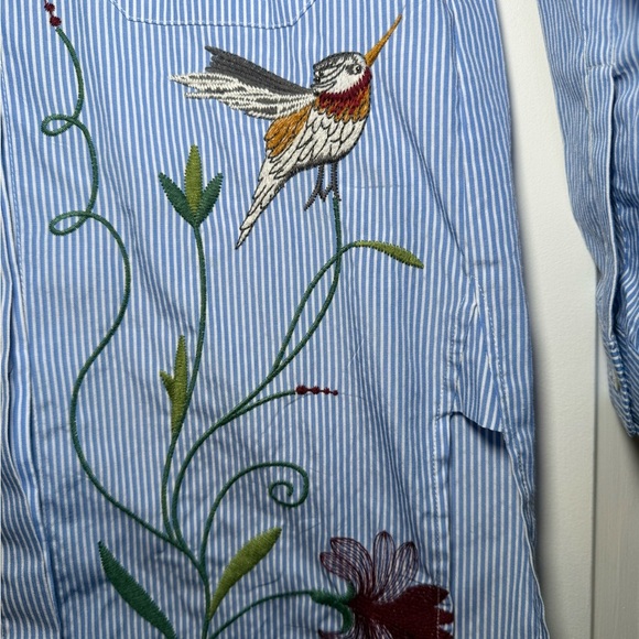 Zara Woman’s Embroidered Button Up Shirt Blue White Stripe Floral Bird XS Collar - Picture 3 of 9